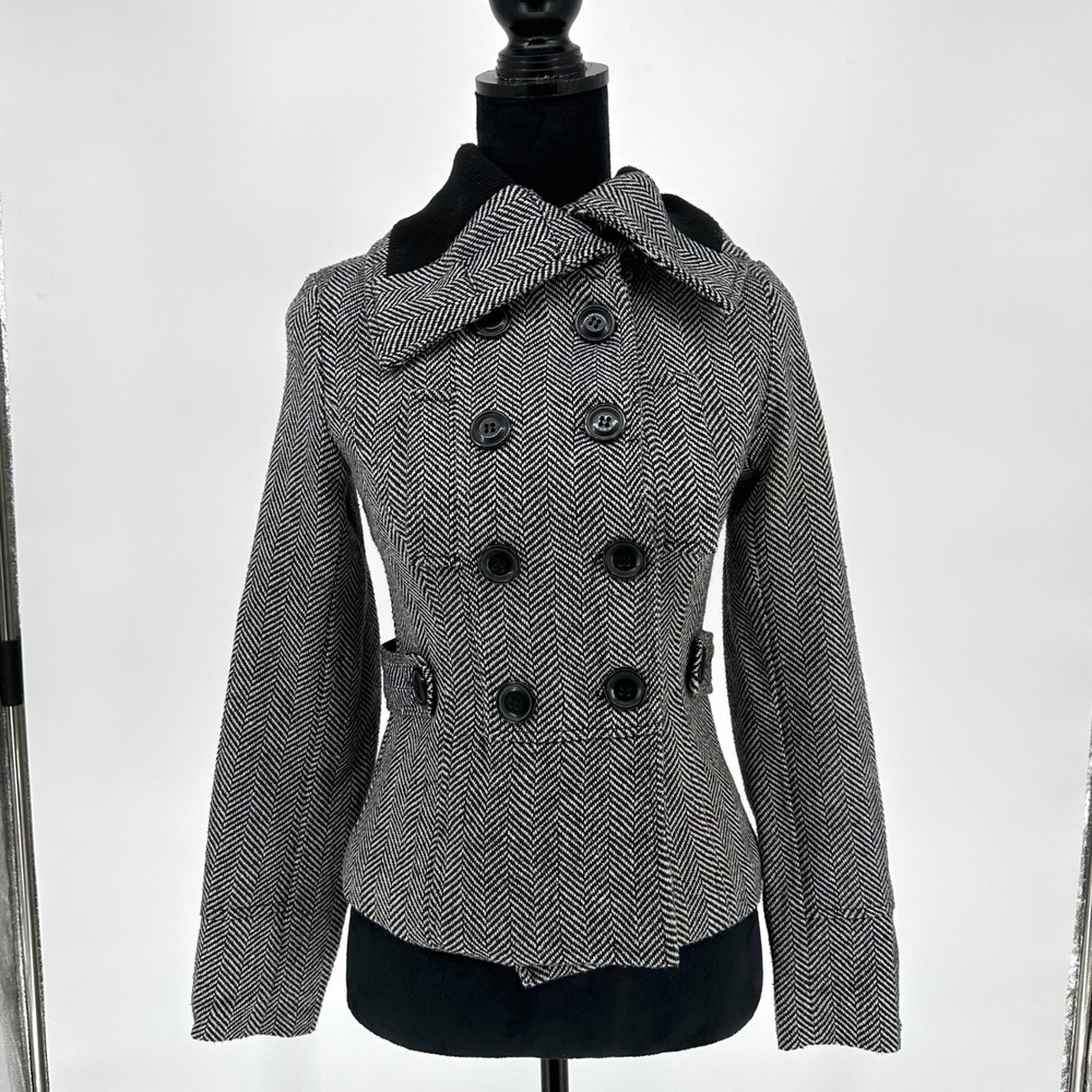 Y2K Last Kiss Black Herringbone Double Breasted Peacoat Wide Fold Collar Chic S